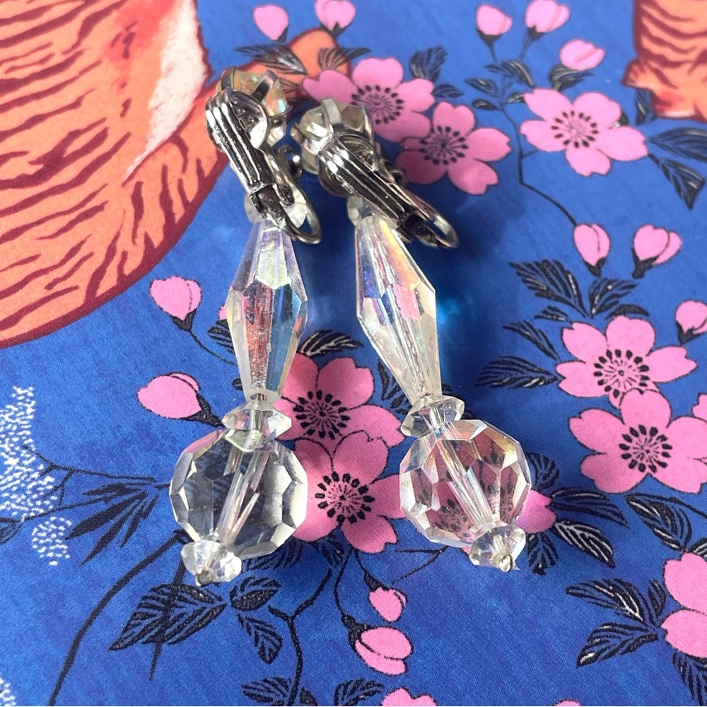 Vintage AB crystal bicone dangle clip-on earrings romantic